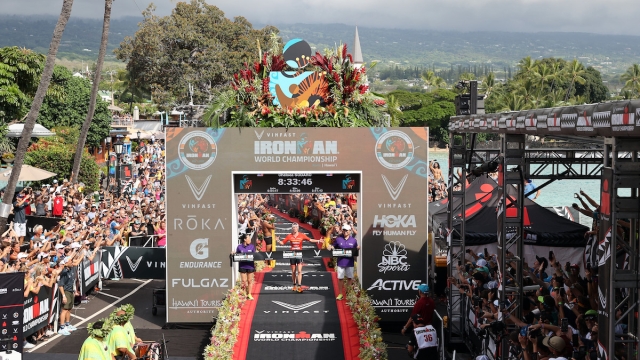 KAILUA KONA, HAWAII - OCTOBER 06: Chelsea Sodaro celebrates after winning the Ironman World Championships on October 06, 2022 in Kailua Kona, Hawaii. (Photo by Ezra Shaw/Getty Images for IRONMAN)