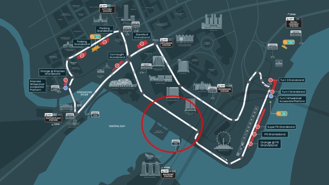 Il nuovo layout della pista di Marina Bay: all'interno del cerchio rosso la zona interessata dalle modifiche