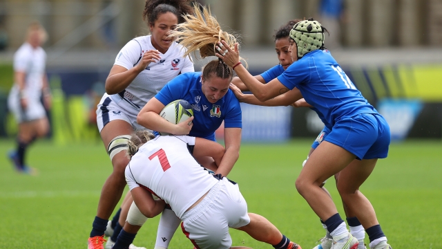 WHANGAREI, NEW ZEALAND - OCTOBER 09: Francesca Sgorbini of Italy is tackled during the Pool B Rugby World Cup 2021 New Zealand match between the United States and Italy at Northland Events Centre on October 09, 2022, in Whangarei, New Zealand. (Photo by Phil Walter/Getty Images)