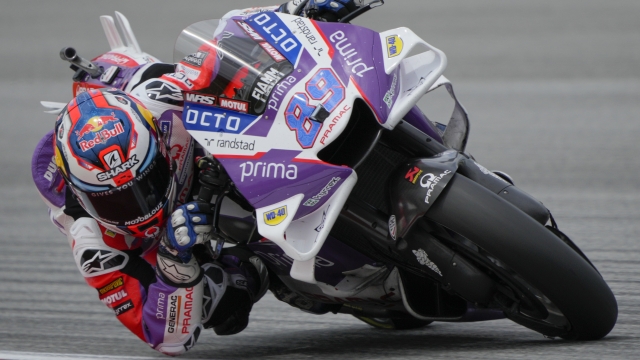 Spanish rider Jorge Martin of Prima Pramac Racing steers his motorcycle during the first practice for the Malaysia Motorcycle Grand Prix in Sepang International Circuit, Friday, Oct. 21, 2022. (AP Photo/Vincent Thian)