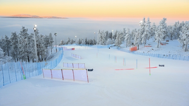 epa10315605 View upon the Slalom course of the FIS Ski World Cup in Levi, Finland, 20 November 2022. The Slalom races of the women's Ski Cup will take place on 18-20 November 2022.  EPA/KIMMO BRANDT