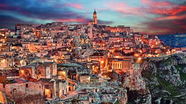Matera, Basilicata, Italy: landscape at dawn of the old town (sassi di Matera), European Capital of Culture 2019