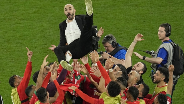 Morocco's head coach Walid Regragui is thrown in the air at the end of the World Cup round of 16 soccer match between Morocco and Spain, at the Education City Stadium in Al Rayyan, Qatar, Tuesday, Dec. 6, 2022. (AP Photo/Abbie Parr)