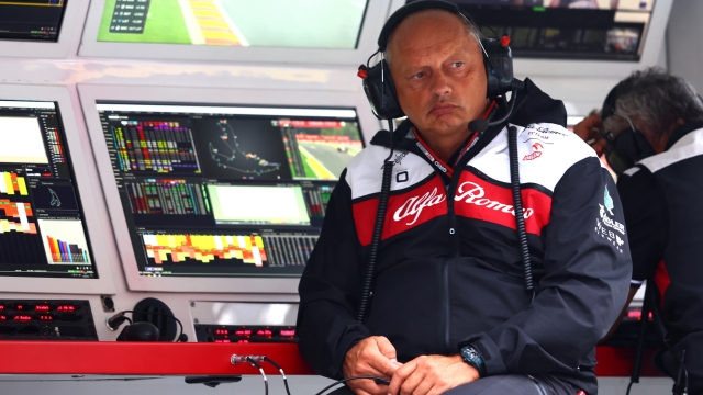 SPA, BELGIUM - AUGUST 26: Alfa Romeo Racing Team Principal Frederic Vasseur looks on from the pitwall during practice ahead of the F1 Grand Prix of Belgium at Circuit de Spa-Francorchamps on August 26, 2022 in Spa, Belgium. (Photo by Mark Thompson/Getty Images)