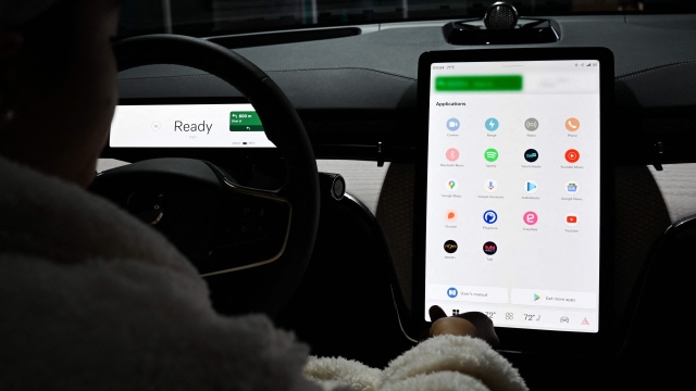 Google maps and applications built into a Volvo are demonstrated at Alphabets Google Android plaza booth during the Consumer Electronics Show (CES) in Las Vegas, Nevada on January 5, 2023. (Photo by Patrick T. Fallon / AFP)