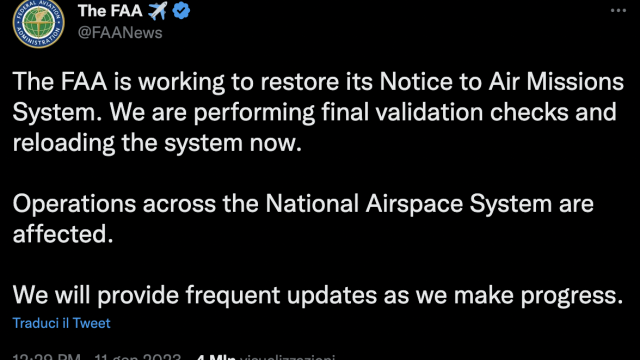 Screen tweet della FAA
