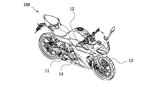 I brevetti mostrano una moto sportiva, equipaggiata con un quattro cilindri a V