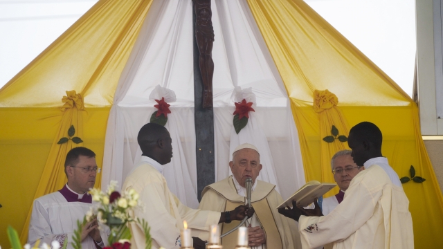 Pope Francis celebrates mass at the John Garang Mausoleum in Juba, South Sudan, Sunday, Feb. 5, 2023. Francis is in South Sudan on the second leg of a six-day trip that started in Congo, hoping to bring comfort and encouragement to two countries that have been riven by poverty, conflicts and what he calls a "colonialist mentality" that has exploited Africa for centuries. (AP Photo/Gregorio Borgia)
