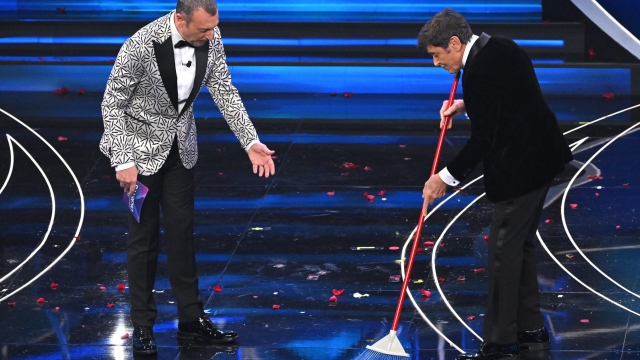 Sanremo Festival host and artistic director Amadeus (L) and  Italian singer and Sanremo Festival co-host Gianni Morandi (R) on stage at the Ariston theatre during the 73rd Sanremo Italian Song Festival, in Sanremo, Italy, 07 February 2023. The music festival will run from 07 to 11 February 2023.  ANSA/ETTORE FERRARI