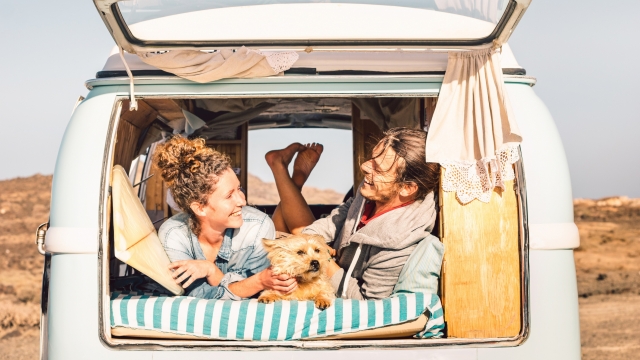 Hipster people with cute dog traveling together on vintage minivan - Wanderlust and life inspiration concept with hippie couple on mini van adventure trip - Bright warm filter