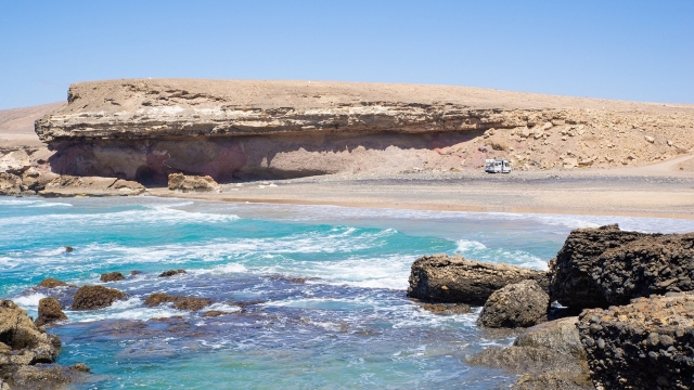 Scenic View of Sealandscape With a Motorhome Parking on the Beach in Fuerteventura,Canary Island