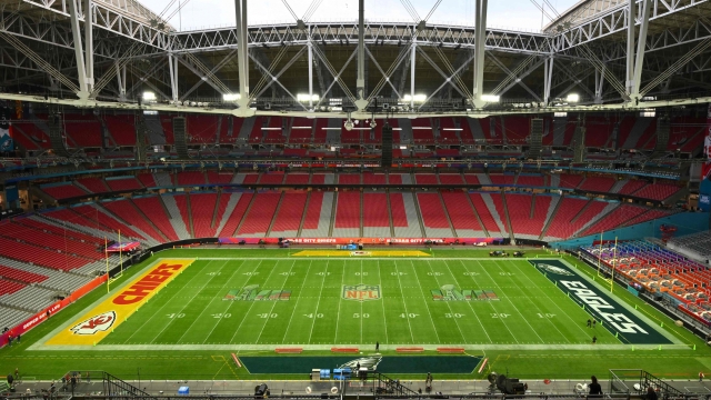 The field is readied ahead of Super Bowl LVII between the Philadelphia Eagles and the Kansas City Chiefs at State Farm Stadium in Glendale, Arizona, on February 11, 2023. (Photo by ANGELA WEISS / AFP)