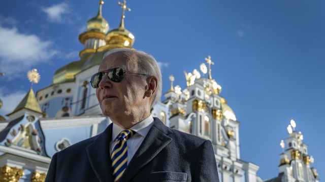 President Joe Biden walks at St. Michael's Golden-Domed Cathedral on a surprise visit, Monday, Feb. 20, 2023, in Kyiv. (Ukrainian Presidential Press Office via AP)