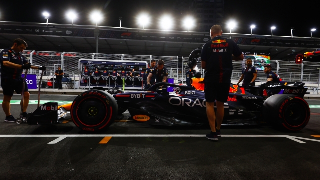 JEDDAH, SAUDI ARABIA - MARCH 18: Max Verstappen of the Netherlands driving the (1) Oracle Red Bull Racing RB19 stops in the Pitlane during qualifying ahead of the F1 Grand Prix of Saudi Arabia at Jeddah Corniche Circuit on March 18, 2023 in Jeddah, Saudi Arabia. (Photo by Mark Thompson/Getty Images)