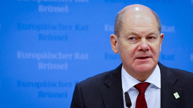 Germany's Chancellor Olaf Scholz speaks during a press conference after a EU Summit, at the EU headquarters in Brussels, on March 24, 2023. (Photo by Ludovic MARIN / AFP)
