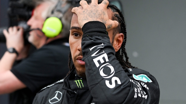 Mercedes' British driver Lewis Hamilton reacts after taking third position after the qualifying session of the 2023 Formula One Australian Grand Prix at the Albert Park Circuit in Melbourne on April 1, 2023. (Photo by WILLIAM WEST / AFP) / -- IMAGE RESTRICTED TO EDITORIAL USE - STRICTLY NO COMMERCIAL USE --