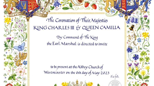 An undated handout photo issued by Buckingham Palace on April 4, 2023 shows the  invitation for the May 6, 2023 Coronation of Britain's King Charles III, which will be issued in due course to over 2,000 guests who will form the congregation in Westminster Abbey. - The invitation has been designed by Andrew Jamieson, a heraldic artist and manuscript illuminator, and a Brother of the Art Workers' Guild, of which the King is an Honorary Member. The original artwork was hand-painted in watercolour and gouache, and the design, which recalls the Coronation Emblem, will be reproduced and printed on recycled card, with gold foil detailing. (Photo by BUCKINGHAM PALACE / AFP) / RESTRICTED TO EDITORIAL USE - MANDATORY CREDIT "AFP PHOTO / BUCKINGHAM PALACE / HUGO BURNAND " - NO MARKETING NO ADVERTISING CAMPAIGNS - DISTRIBUTED AS A SERVICE TO CLIENTS  This photograph can not be used after 0001 Tuesday May 9, 2023, without prior, written permission from Royal Communications. After that date, no further licensing can be made. Any questions relating to the use of the photographs should be first referred to Buckingham Palace before publication. The portrait should be used in the context of Their Majesties' Coronation.  The photograph is provided to you strictly on condition that you will make no charge for the supply, release or publication of it and that these conditions and restrictions will apply (and that you will pass these on) to any organisation to whom you supply it. There shall be no commercial use whatsoever of the photograph (including by way of example) any use in merchandising, advertising or any other non-news editorial use. The photograph must not be digitally enhanced, manipulated or modified in any manner or form. /