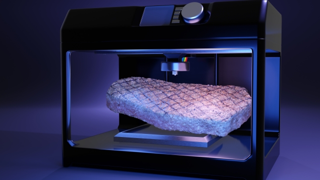 3D printer printing an edible steak. Illustration of the concept of futuristic and sustainable food solution