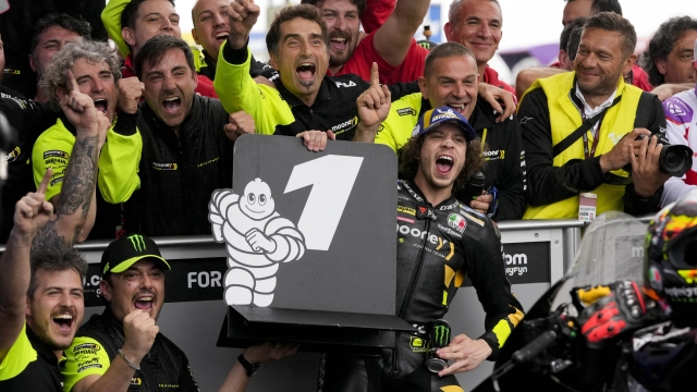 Italian rider Marco Bezzecchi, of Ducati Mooney VR46 Racing, celebrates winning the Moto GP race in Termas de Rio Hondo, Argentina, Sunday, April 2, 2023. (AP Photo/Natacha Pisarenko)