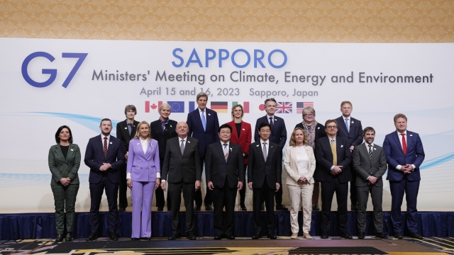 G-7 ministers on climate, energy and environment pose for a photo during its photo session in Sapporo, northern Japan, Saturday, April 15, 2023. Front row, from left are Vannia Gava, Italy's Undersecretary of State at the Ministry of Ecological Transition, EU Oceans and Environment Commissioner Virginijus Sinkevicius, EU Energy Commissioner Kadri Simson, Italy's Environment Minister Gilberto Pichetto Fratin, Japan's Environment Minister Akihiro Nishimura, Japan's Economy Minister Yasutoshi Nishimura, Germany's Environment Minister Steffi Lemke, Canada's Natural Resources Minister Jonathan Wilkinson, Canada's Environment Minister Steven Guilbeault and Germany's Economy and Climate Minister Patrick Graichen. Back row, from left are U.S. Environmental Protection Agency Deputy Administrator Janet McCabe, U.S. Energy Secretary Jennifer Granholm, U.S. Special Presidential Envoy for Climate John Kerry, France's Energy Minister Agnes Pannier-Runacher, France's Ecological Transition Minister Christophe Bechu, Britain's Environment Secretary Therese Coffey and Britain's Energy Secretary Grant Shapps. (AP Photo/Hiro Komae)