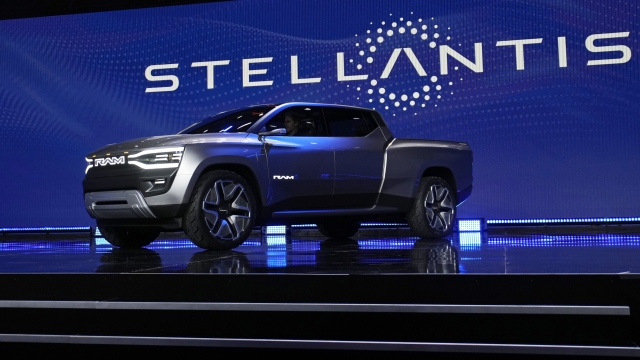 FILE - The Ram 1500 Revolution electric battery powered pickup truck is displayed during the Stellantis keynote at the CES tech show Thursday, Jan. 5, 2023, in Las Vegas. Stellantis is moving closer to closing its factory in Belvidere, Illinois, to prepare for the costly transition to electric vehicles. (AP Photo/John Locher, File)