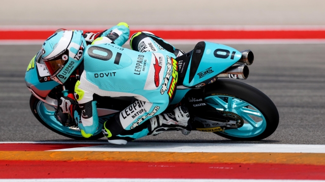 epa10574512 Spanish rider Jaume Masia of Leopard Racing in action during the qualifying round of the Moto3 category for the Motorcycling Grand Prix of The Americas at the Circuit of The Americas in Austin, Texas, USA, 15 April 2023  EPA/ADAM DAVIS