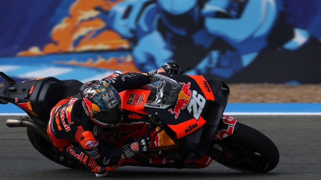 KTM Spanish rider Dani Pedrosa takes a curve during the first practice session of the MotoGP Spanish Grand Prix at the Jerez racetrack in Jerez de la Frontera on April 28, 2023. (Photo by PIERRE-PHILIPPE MARCOU / AFP)