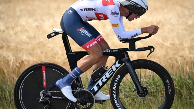 Trek-Segafredo team's Italian rider Antonio Tiberi rides during the fourth stage of the 74th edition of the Criterium du Dauphine individual time trial cycling race, 31.9 km between Montbrison and La Batie d'Urfe, central eastern France, on June 8, 2022. (Photo by Marco BERTORELLO / AFP)