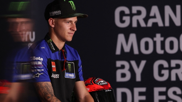 Yamaha French rider Fabio Quartararo attends a press conference ahead of the MotoGP Spanish Grand Prix at the Jerez racetrack in Jerez de la Frontera on April 27, 2023. (Photo by Pierre-Philippe MARCOU / AFP)