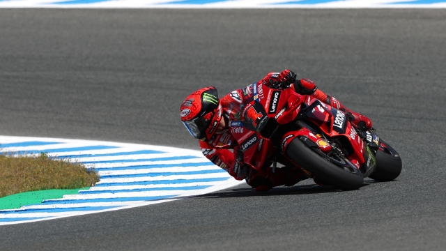 Ducati Italian rider Francesco Bagnaia rides during the second practice session of the MotoGP Spanish Grand Prix at the Jerez racetrack in Jerez de la Frontera on April 28, 2023. (Photo by PIERRE-PHILIPPE MARCOU / AFP)