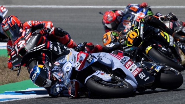 Ducati Spanish rider Alex Marquez crashes during the sprint race of the MotoGP Spanish Grand Prix at the Jerez racetrack in Jerez de la Frontera on April 29, 2023. (Photo by JORGE GUERRERO / AFP)