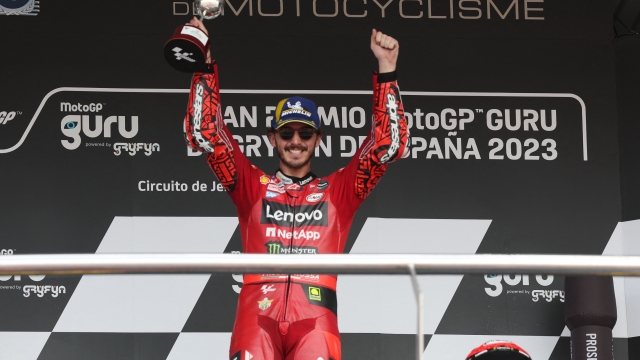 First placed Ducati Italian rider Francesco Bagnaia celebrates after the MotoGP Spanish Grand Prix at the Jerez racetrack in Jerez de la Frontera on April 30, 2023. (Photo by Pierre-Philippe MARCOU / AFP)