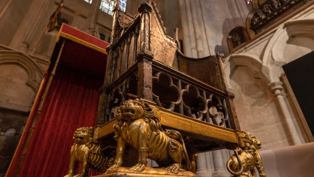 The Coronation Chair, also known as St Edward's Chair or King Edward's Chair, is pictured inside Westminster Abbey in London on April 12, 2023, during a preview ahead of the Coronation of King Charles III. - Preparations for Charles' May 6 crowning at Westminster Abbey, set to be attended by dignitaries from around the world and watched by billions, continue to gather pace. (Photo by Dan Kitwood / POOL / AFP)