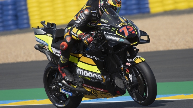 LE MANS, FRANCE - MAY 12: Marco Bezzecchi of Italy and Mooney VR46 Racing Team heads down a straight during the MotoGP of France - Free Practice on May 12, 2023 in Le Mans, France. (Photo by Mirco Lazzari gp/Getty Images)