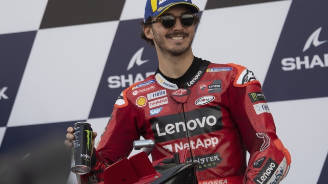 LE MANS, FRANCE - MAY 13: Francesco Bagnaia of Italy and Ducati Lenovo Team smiles and celebrates the MotoGP pole position at the end of the MotoGP qualifying practice during the MotoGP Of France - Qualifying on May 13, 2023 in Le Mans, France. (Photo by Mirco Lazzari gp/Getty Images)