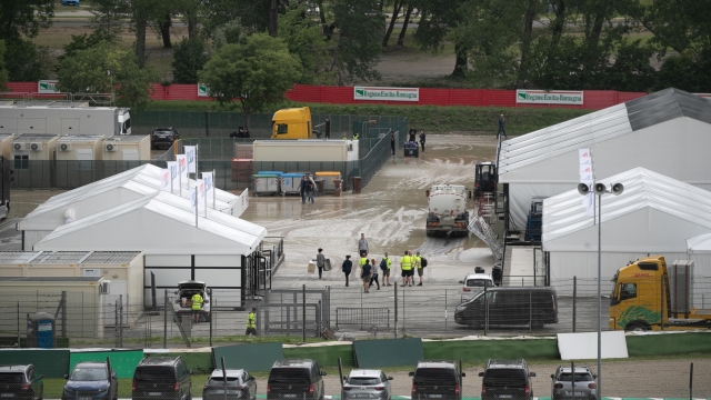 A panoramic view shows the Imola racetrack on May 18, 2023 after heavy rains caused flooding across Italy's northern Emilia Romagna region, killing five people. The flooding caused the cancellation of Sunday's Formula One Emilia Romagna Grand Prix scheduled in Imola, with organisers saying they could not guarantee the safety of fans, teams and staff.  ANSA/EMANUELE VALERI