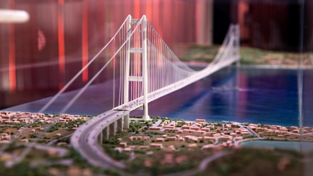 The model of the bridge project over the Strait of Messina showed by Italian Minister of Infrastructure and Transport, Matteo Salvini, during the RAI tv program "Cinque minuti" (Five Minutes), hosted by Bruno Vespa, in Rome, Italy, 22 March 2023. ANSA/ANGELO CARCONI