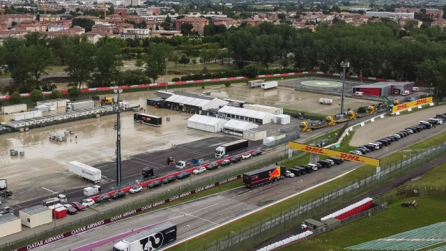 TOPSHOT - A panoramic view shows the Imola racetrack on May 18, 2023 after heavy rains caused flooding across Italy's northern Emilia Romagna region, killing five people. The flooding caused the cancellation of Sunday's Formula One Emilia Romagna Grand Prix scheduled in Imola, with organisers saying they could not guarantee the safety of fans, teams and staff. (Photo by STRINGER / AFP)