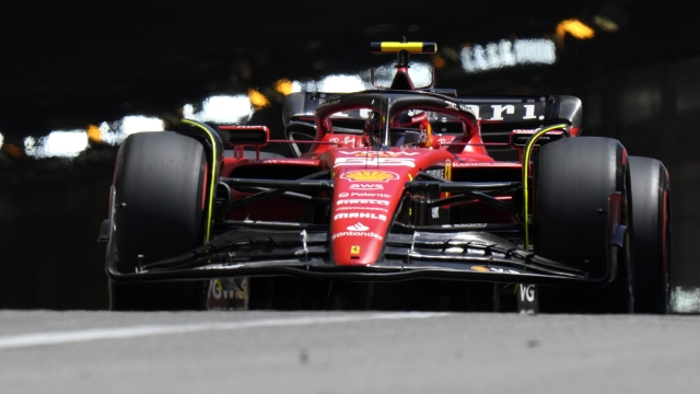 Ferrari driver Carlos Sainz of Spain steers his car during the Formula One third free practice session at the Monaco racetrack in Monaco, Saturday, May 27, 2023. The Formula One race will be held on Sunday. (AP Photo/Luca Bruno)