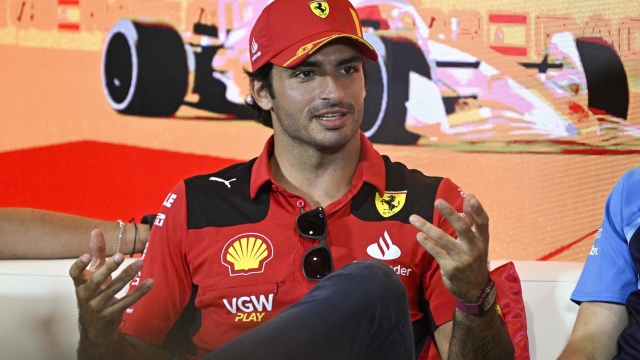 Ferrari's Spanish driver Carlos Sainz Jr addresses a press conference ahead of the Spanish Formula One Grand Prix at the Circuit de Catalunya on June 1, 2023 in Montmelo, on the outskirts of Barcelona. (Photo by JAVIER SORIANO / AFP)