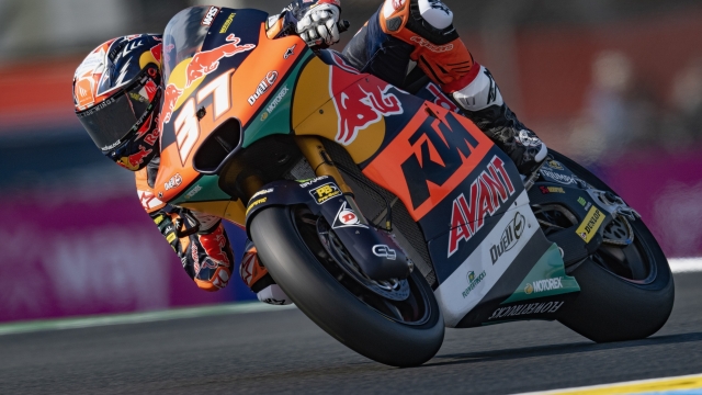 LE MANS, FRANCE - MAY 12: Pedro Acosta of Spain and Red Bull KTM Ajo heads down a straight during the MotoGP of France - Free Practice on May 12, 2023 in Le Mans, France. (Photo by Mirco Lazzari gp/Getty Images)