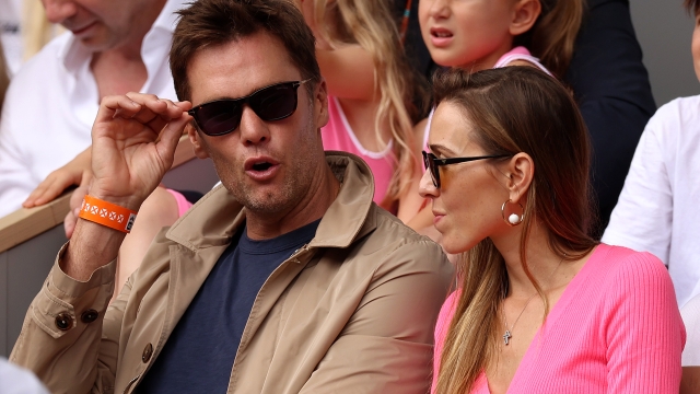 PARIS, FRANCE - JUNE 11: Tom Brady watches on from the crowd alongside Jelena Djokovic during the Men's Singles Final match between Novak Djokovic of Serbia and Casper Ruud of Norway on Day Fifteen of the 2023 French Open at Roland Garros on June 11, 2023 in Paris, France. (Photo by Clive Brunskill/Getty Images)
