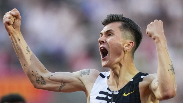 Norway's Jakob Ingebrigtsen celebrates winning the 1500 meters men's final event at Bislett Stadium during the Oslo Diamond League competition in Oslo, Norway on June 15, 2023. (Photo by Fredrik Varfjell / NTB / AFP) / Norway OUT
