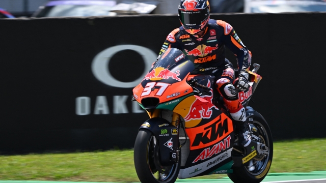 Red Bull KTM Ajo Kalex Spanish rider Pedro Acosta reacts as he crosses the finish line to win the Italian Moto2 Grand Prix race at Mugello Circuit in Mugello, on June 11, 2023. (Photo by Filippo MONTEFORTE / AFP)