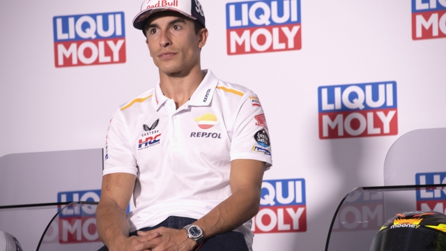 HOHENSTEIN-ERNSTTHAL, GERMANY - JUNE 15: Marc Marquez of Spain and Repsol Honda Team looks on during the press conference pre-event during the MotoGP of Germany - Previews at Sachsenring Circuit on June 15, 2023 in Hohenstein-Ernstthal, Germany. (Photo by Mirco Lazzari gp/Getty Images)