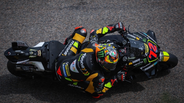 Mooney VR46 Racing Team's Italian rider Marco Bezzecchi steers his motorbike during the second free practice for the MotoGP German motorcycle Grand Prix at the Sachsenring racing circuit in Hohenstein-Ernstthal near Chemnitz, eastern Germany, on June 16, 2023. (Photo by Ronny Hartmann / AFP)