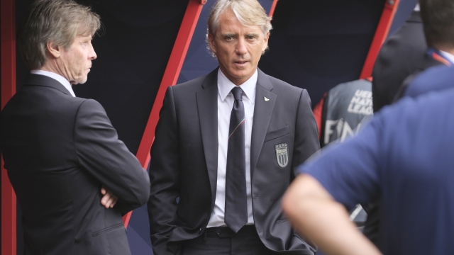 Italy coach Roberto Mancini waits for the start of the Nations League third place soccer match between the Netherlands and Italy at De Grolsch Veste stadium in Enschede, Netherlands, Sunday, June 18, 2023. (AP Photo/Patrick Post)