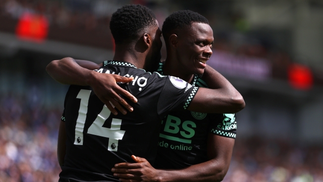 BRIGHTON, ENGLAND - SEPTEMBER 04: Kelechi Iheanacho of Leicester City celebrates with Patson Daka after scoring their sides first goal during the Premier League match between Brighton & Hove Albion and Leicester City at American Express Community Stadium on September 04, 2022 in Brighton, England. (Photo by Ryan Pierse/Getty Images)