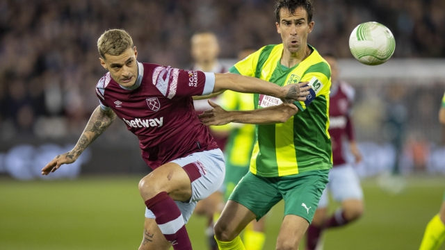 epa10527404 Gianluca Scamacca of West Ham in action against Mikel Gonzalez of Larnaca during the UEFA Europa Conference League, Round of 16, 2nd leg match between West Ham United and AEK Larnaca in London, Britain, 16 March 2023.  EPA/Tolga Akmen