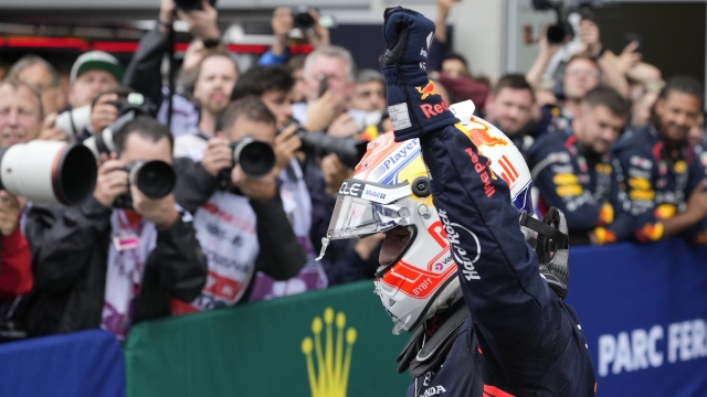 Red Bull driver Max Verstappen of the Netherlands celebrates winning the sprint race, at the Red Bull Ring racetrack, in Spielberg, Austria, Saturday, July 1, 2023. The Formula One Austrian Grand Prix will be held on Sunday, July 2, 2023. (AP Photo/Darko Bandic)
